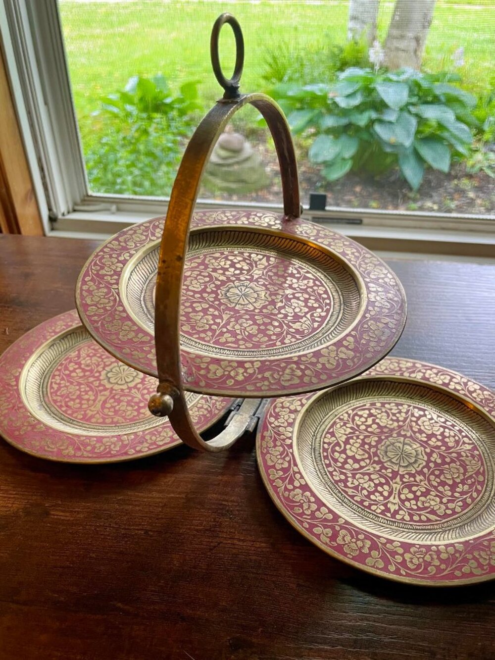 intage Indian brass folding serving stand with three 6.5-inch etched brass trays